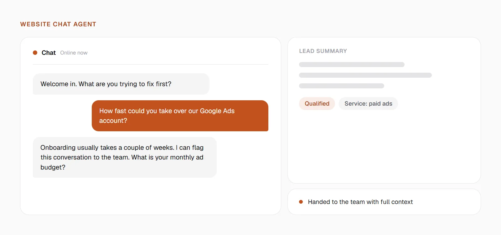 The chat agent qualifying a website visitor and handing the lead to the team with full context