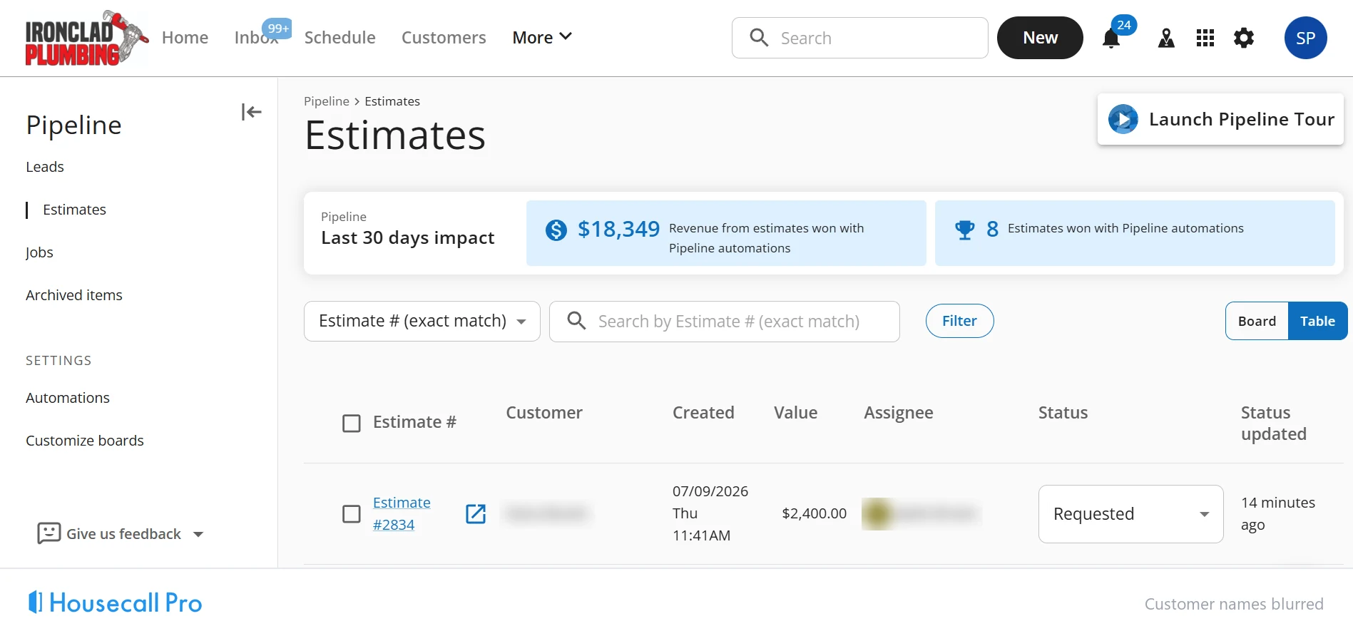 Screenshot of the Housecall Pro estimates pipeline for one 30-day window: $18,349 in revenue from estimates won with Pipeline automations and 8 estimates won, customer names blurred